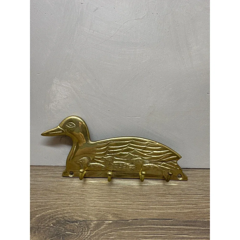 Vintage Solid Brass Duck Key Rack Wall Mount 4-Hook Cottagecore Upper Deck LTD